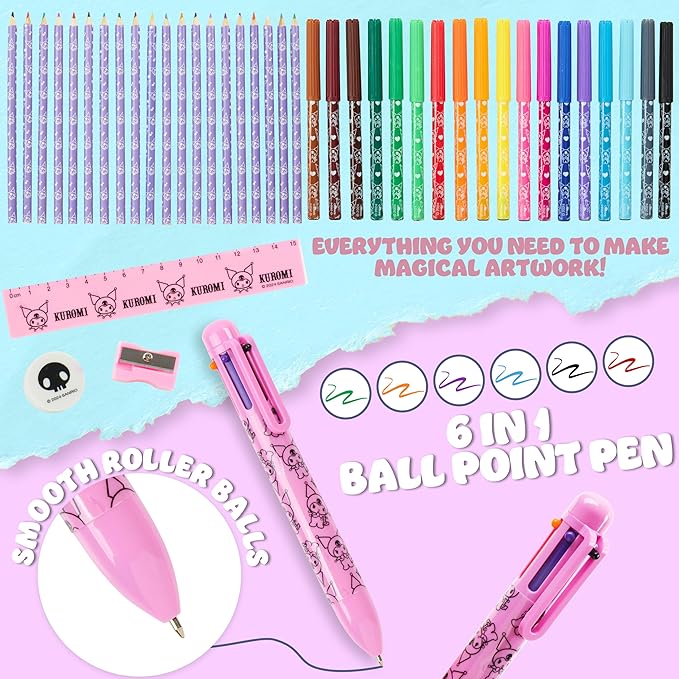 Hello Kitty Sanrio Pencil Case Kids Colored Pencils Markers Kawaii Kuromi Stationery Gifts for Kids (Purple Kuromi)