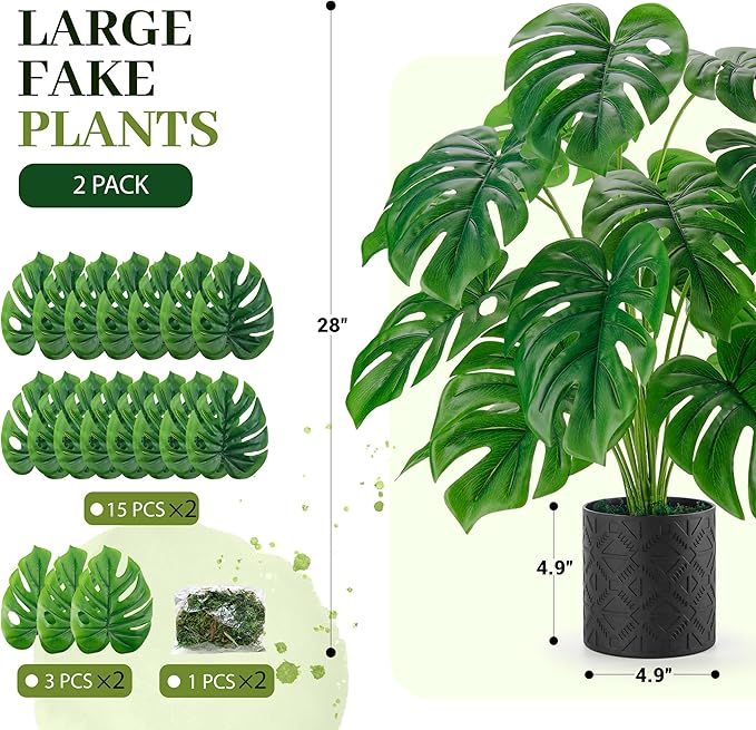 Der Rose 2 Pack 28'' Artificial Plants Indoor Large Fake Potted Plants Faux Monstera Plants Indoor Tall for Home Farmhouse Bedroom Living Room Decor