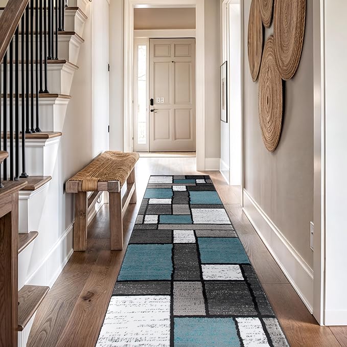 Rugshop Contemporary Modern Boxes for Home Office,Living Room,Bedroom,Kitchen Non Shedding Runner Rug 2'7" x 6' Blue