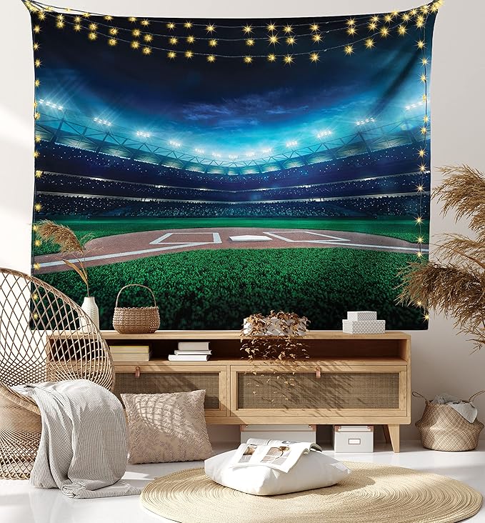 Ambesonne Baseball Tapestry, Professional Baseball Field at Night Vibrant Playground Stadium League Theme Print, Wide Wall Hanging for Bedroom Living Room Dorm, 80" X 60", Blue Green