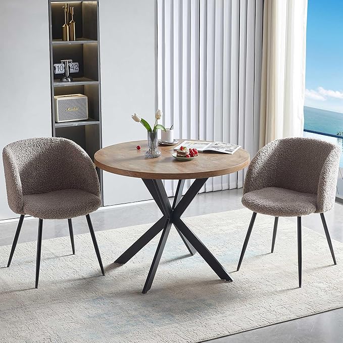 Dining Table Set for 2 with Chairs, 37" Engineered Wood Round Table Wipe Clean with 2 Fluffy Sherpa Arm Chairs, Modern Dinette Set with Metal Legs for Breakfast, Dining Room, Coffee Shop