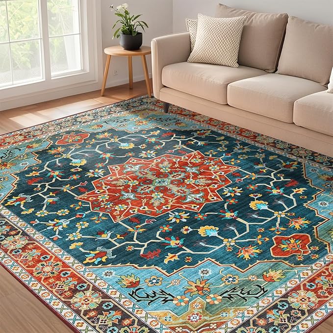 WILLSUN Washable Area Rugs, 5x7 Non-Slip Boho Large Area Rugs for Living Room, Bedroom, Machine Washable Vintage Rug, Indoor Floral Print Carpet for Home Decor, Kid & Pet Friendly Mat