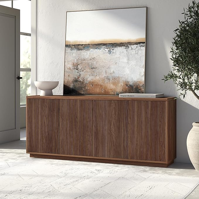 Henn&Hart 68'' Fluted Sideboard Buffet Cabinet, Ribbed Modern Wooden Credenza with 4 Doors, Adjustable Shelves, and Cable Management Cut-Outs for Dining Room, Kitchen, or Living Room, Satin Walnut