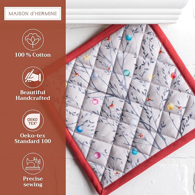 Maison d' Hermine Pot Holders 100% Cotton Heat Resistant Potholders 8" x 8" Hot Pads with Loop for Thanksgiving Christmas Decorations BBQ Cooking Baking Handling Hot Pans (Pack of 1, Fairy Christmas)