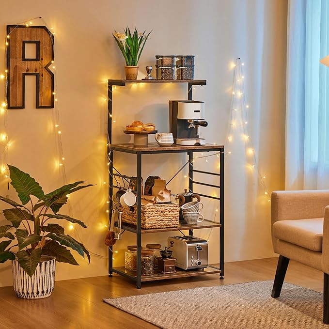 Yaheetech Bakers Rack on Wheels(16D x 24W x 50H Inches), Microwave Stand Cart Coffee Bar Stand with 6 Hooks, Kitchen Utility Storage Cart with Spice Rack, Rustic Brown