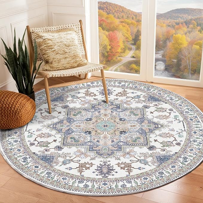 OPPODREAM Thin Round Rug 6ft, Washable Circle Rug 6ft with Non Slip Backing Play Room, Low-Pile Carpet 6 ft, Faux Cashmere Throw Carpet, Purple & Green & Cream