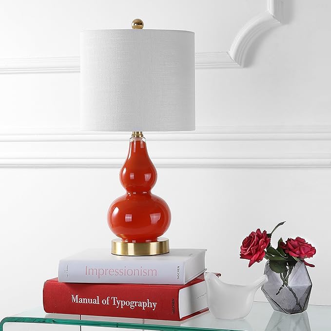 JONATHAN Y 20.5" Sunset Orange Glass Table Lamp, Modern Gourd Bedside Nightstand Lamp for Bedroom, Living Room, White Linen Shade, LED Bulb Included (JYL1028G)