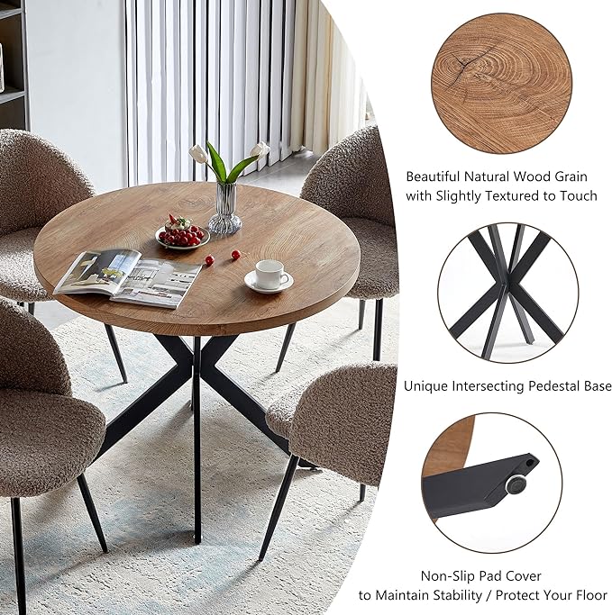 5 PCS Kitchen Dining Table Set, 37" Round Breakfast Dining Table MDF Tabletop, Space Saving Coffee Table Set for 4, Cozy Fluffy Sherpa Armchair Upholstered Dining Chairs with Metal Legs