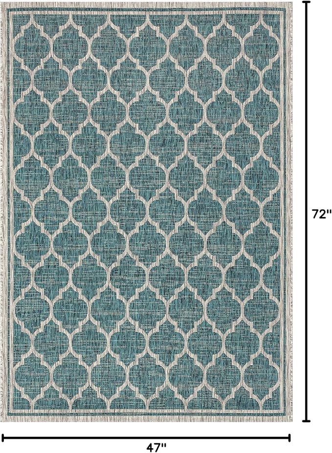 Eyely BMS109E-4 Santa Monica Trebol Moroccan Trellis Textured Weave Indoor/Outdoor Area Rug Coastal;Bohemian, Bedroom, Backyard, Patio, Easy-Cleaning, Non-Shedding, 4 X 6, Teal/Gray
