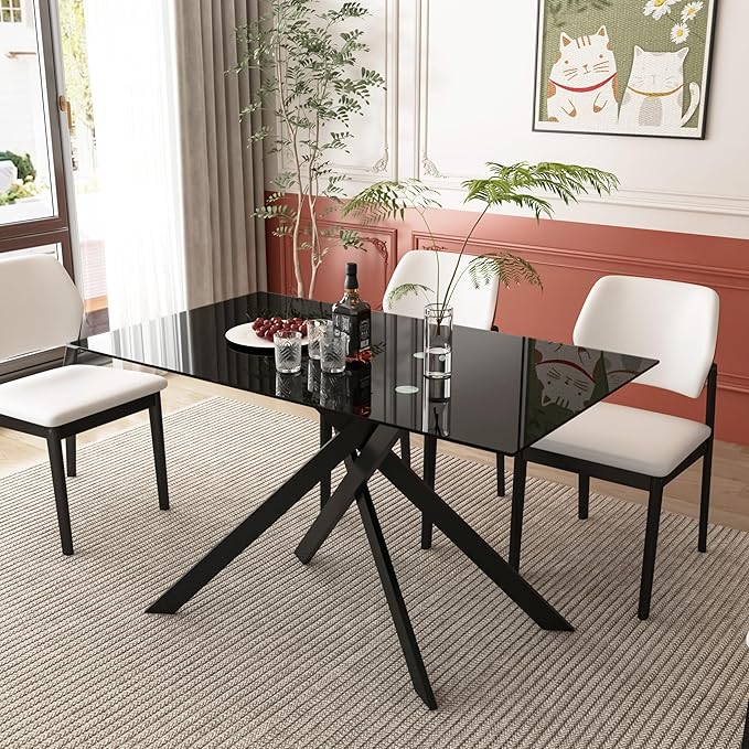 51" Rectangular Glass Dining Table Modern Kitchen Glass Top Table for 4 with Black Metal Legs, Clear Dining Table Kitchen Table for Home Office Dining Room