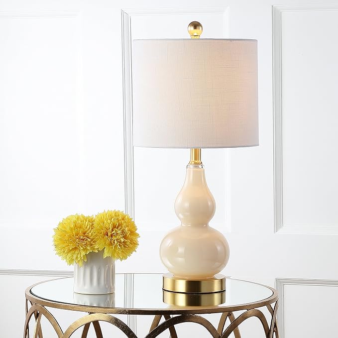 JONATHAN Y 20.5" Ivory Glass Table Lamp, Modern Gourd Bedside Nightstand Lamp for Bedroom, Living Room, White Linen Shade, LED Bulb Included (JYL1028B)