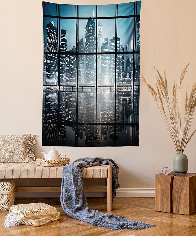 Ambesonne Modern Tapestry, Modern New York City Scenery at Night with Skyscrapers Buildings Print, Fabric Wall Hanging Decor for Bedroom Living Room Dorm, 30" X 45", Black Blue