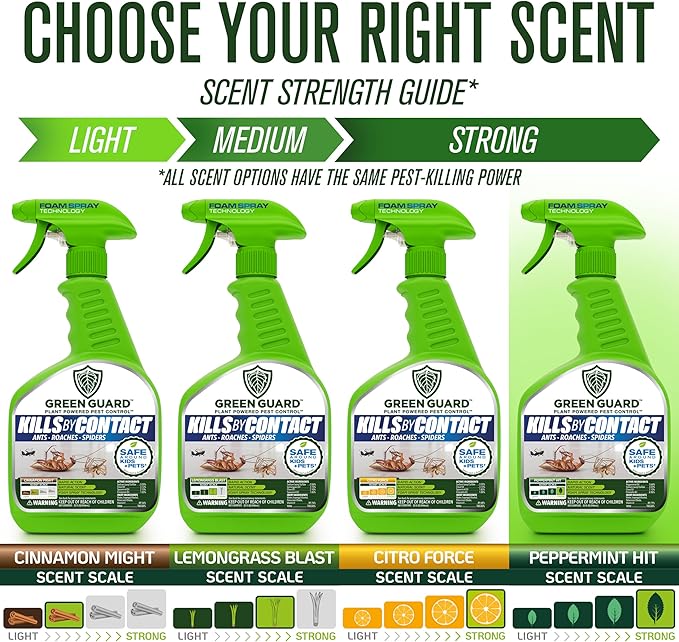 Green Guard Pest Control Spray - Indoor & Outdoor Killer of Ants, Roaches, Spiders & Other Crawling Insects, Safe Around Children & Pets, Plant-Based, Pleasant Scent (Peppermint Hit, 32oz)