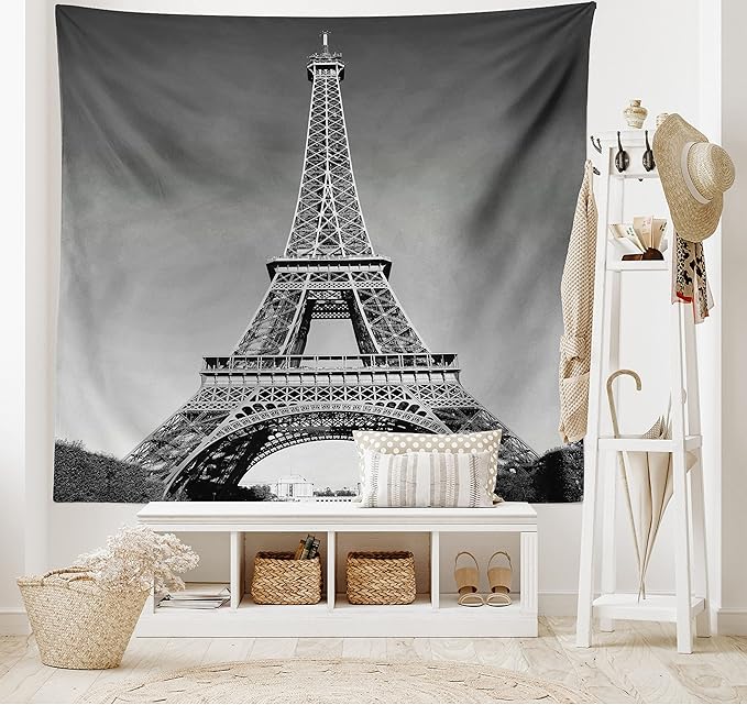 Ambesonne Eiffel Tower Tapestry King Size, Paris Landmark Monochrome Picture of Cityscape European Urban Famous Place Image, Wall Hanging Bedspread Bed Cover Wall Decor, 104" X 88", Grey