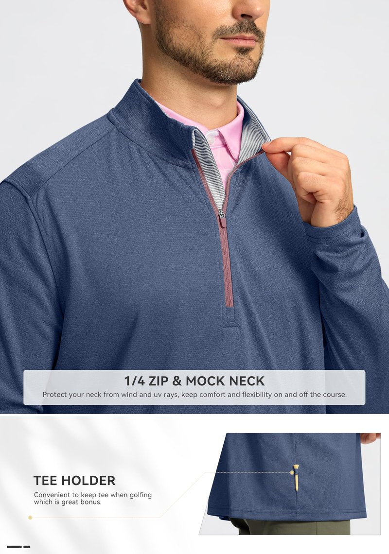 Obla Golf Quarter Zip Pullover for Men Mock Neck Sweatshirt Lightweight Sun Protection Men's Long Sleeve Golf Shirt (Deep Blue Melange_XL)