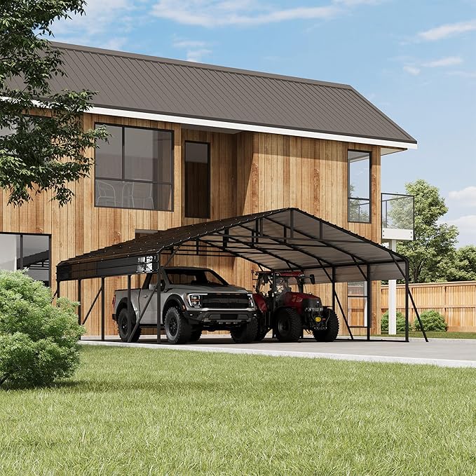 20' x 20' Heavy Duty Metal Carport with Galvanized Steel Roof, Metal Roof Carport with Enhanced Base, Tall MetalCarport Kits Garage for Tractors, Pickup, Boat, Car