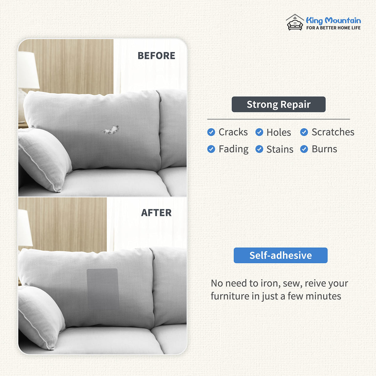 KING MOUNTAIN Canvas Repair Patch 9 x11 Inch 2 Pcs Self-Adhesive Waterproof Fabric Patch for Sofas, Tents, Furniture,Tote Bags, Car Seats (Off White)