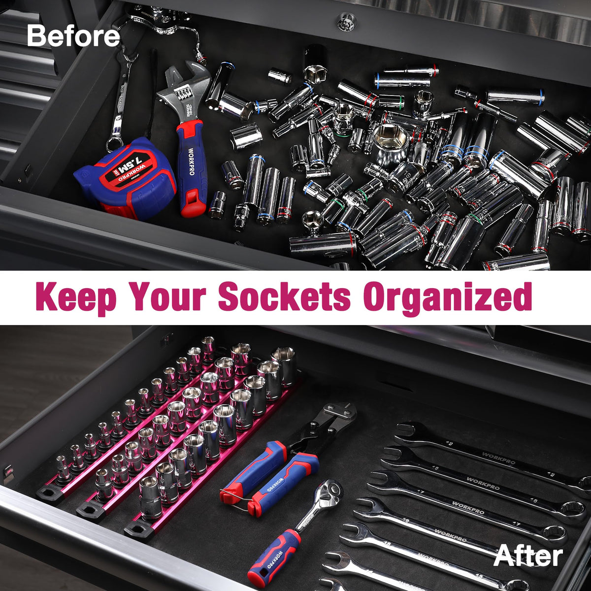WORKPRO Magnetic Socket Organizer, 1/2-Inch Drive Aluminum Alloy Socket Rail, Heavy Duty Socket Holder, Socket Rack Kit 1/2-Inch x 10 Clips Rose Red(Socket not Included)