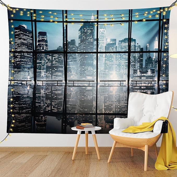 Ambesonne Modern Tapestry Twin Size, Modern New York City Scenery at Night with Skyscrapers Buildings Print, Wall Hanging Bedspread Bed Cover Wall Decor, 68" X 88", Black Blue