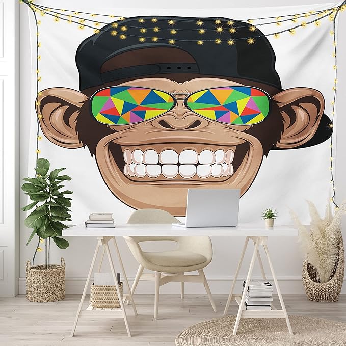 Ambesonne Cartoon Tapestry King Size, Fun Hipster Monkey with Colorful Sunglasses and Hat Rapper Hippie Ape Art, Wall Hanging Bedspread Bed Cover Wall Decor, 104" X 88", White Brown