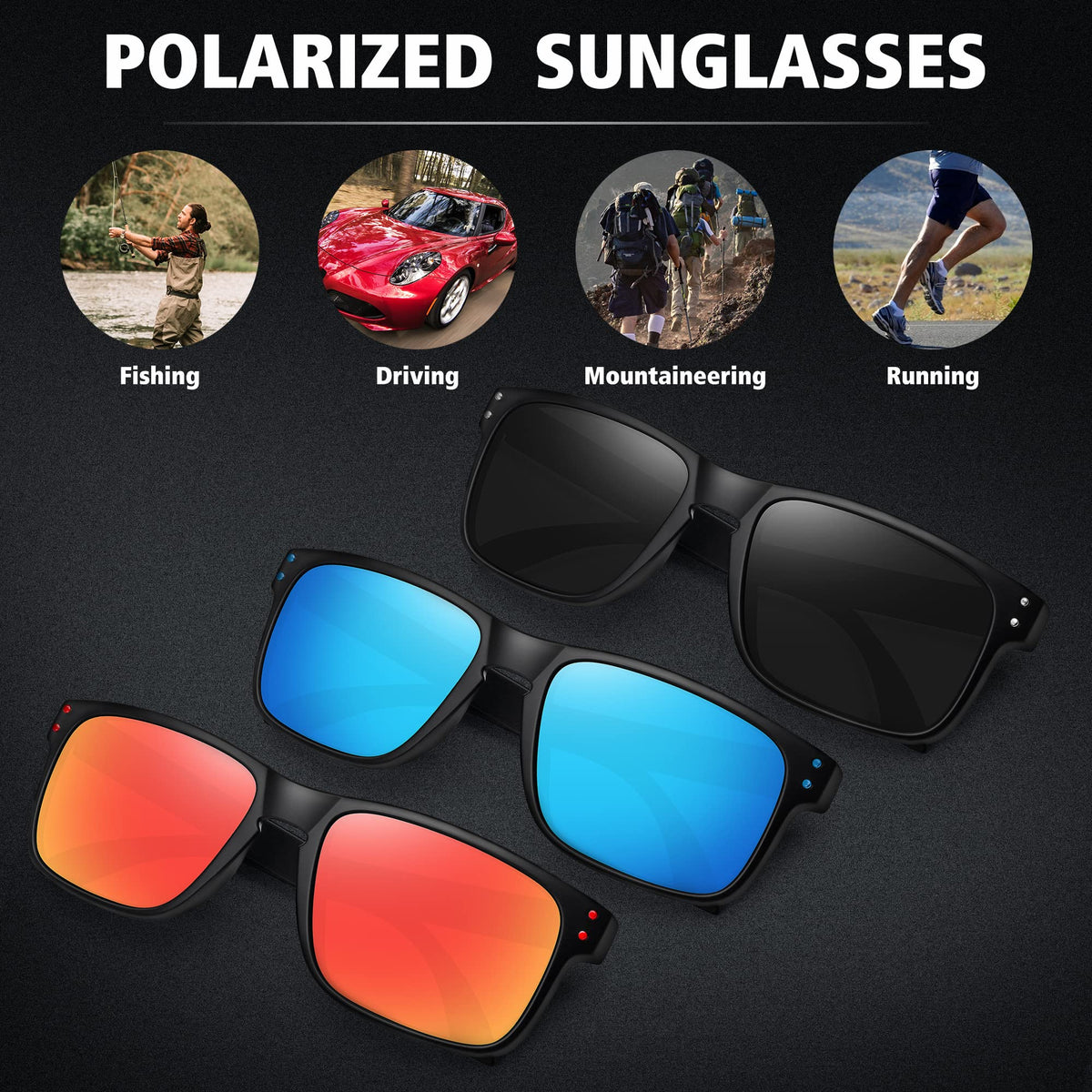 MEETSUN Polarized Sunglasses for Men Women Sports Driving Fishing Glasses UV400 Protection 3Pack-Black+Blue+Red