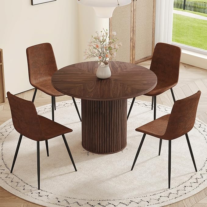 AZmac Round Dining Table Set for 4, Wooden Round Table 5-Piece with Modern Farmhouse Dining Table and 4 Suede Leather Chairs for Kitchen Dining Room, Walnut Table + 4 Saddle Brown Chairs
