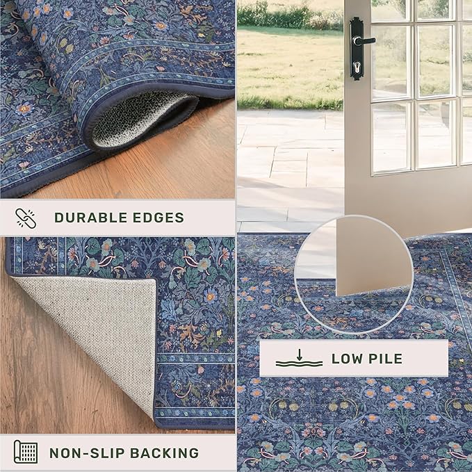 Washable Dark Blue Rug for Living Room - 9x12 Large Area Rug for Dining Room Under Table, Bedroom, Soft Low Pile Non-Slip Stain Resistant Carpet - Vintage Navy Floral Design