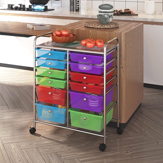 Yaheetech 12 Drawers Rolling Storage Cart Multipurpose Movable Organizer Cart Tools Scrapbook Paper Organizer on Wheels, Multicolor