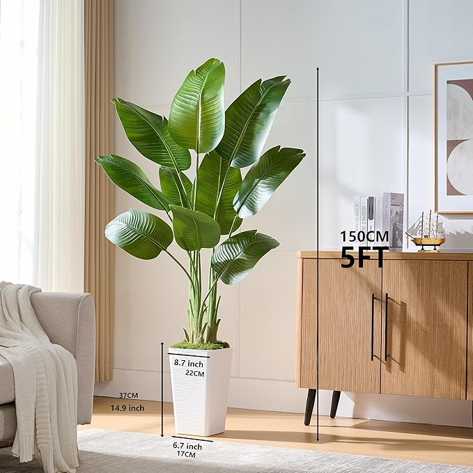 Bird of Paradise Artificial Plant, 5FT Faux Plants Indoor Banana Leaf Tree with 9 Leaves, Large Fake Tropical Potted Indoor Silk Floor Plant with White Tall Planter for House,Office,Room,Home Decor