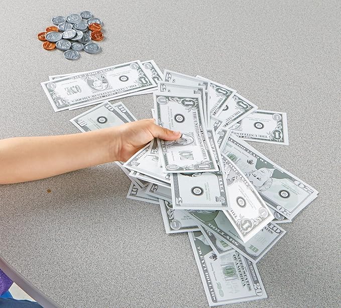 Learning Resources Pretend Play Money - Math Manipulatives for Kids, Kids Bank, Plastic Coins, Cash Register, Toddler , Homeschool Supplies, Fine Motor Skills, Teaching Set Manipulatives