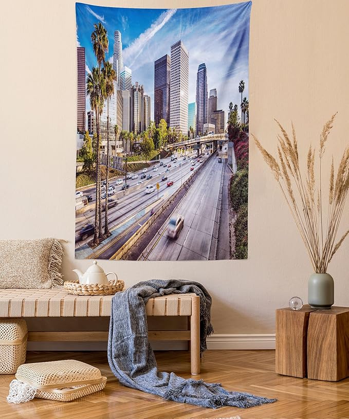 Ambesonne Travel Tapestry, Downtown Cityscape of Los Angeles California USA Avenue Buildings Palms Print, Fabric Wall Hanging Decor for Bedroom Living Room Dorm, 23" X 28", Blue Grey Green
