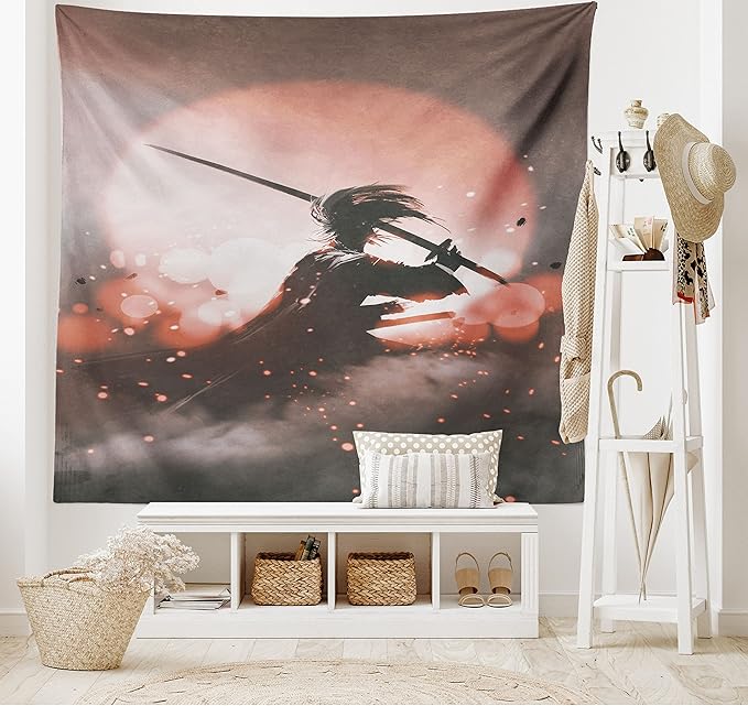 Ambesonne Japanese Tapestry, Reflection of Samurai Practicing Sunset Background Free from Death Concept, Fabric Wall Hanging Decor for Bedroom Living Room Dorm, 45" X 30", Salmon Umber