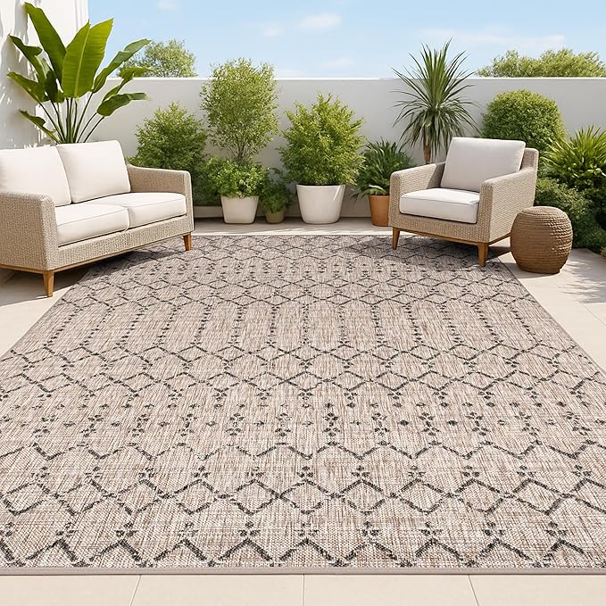 JONATHAN Y Moroccan Geometric Indoor Outdoor Area Rug 9X12 Natural/Black, Ourika Textured Weave for Backyard, Patio, Porch, Easy-Cleaning, High Traffic, Pet-Friendly, Non-Shedding (SMB108D-9)
