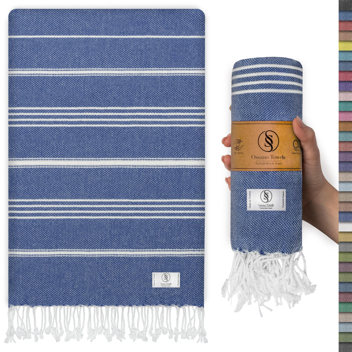 Ossano Turkish Beach Towel Compact & Soft Extra Large (39" x 71") - Quick Dry, Versatile and Functional as Yoga Mat, Picnic and Travel Blanket, Bath Towels/Vacation Essential - Indigo Blue