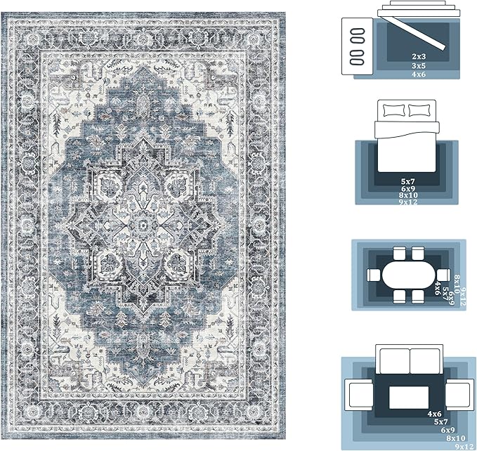 5x7 Area Rugs for Living Room Ultra-Soft Washable Rug Vintage Distressed Boho Area Rug, Non-Slip Retro Print Low Pile Stain Resistant Carpet for Bedroom Dining Room Kitchen Office