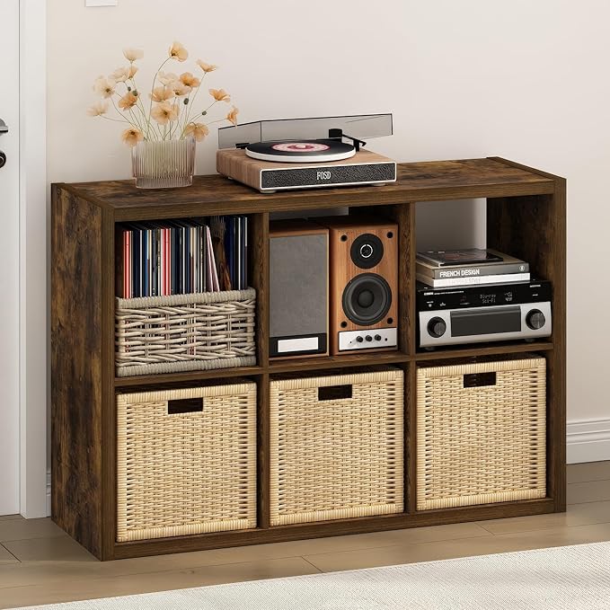 Furinno Cubicle Record Player Stand with Vinyl Storage, 6-Cube 1.2 Extra Thick Vinyl Record Storage, Open Back Media Shelf for CD DVD Blueray Game Disc, for Living Room, Home Office, Amber Pine