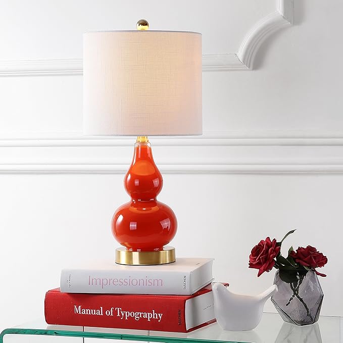 JONATHAN Y 20.5" Sunset Orange Glass Table Lamp, Modern Gourd Bedside Nightstand Lamp for Bedroom, Living Room, White Linen Shade, LED Bulb Included (JYL1028G)
