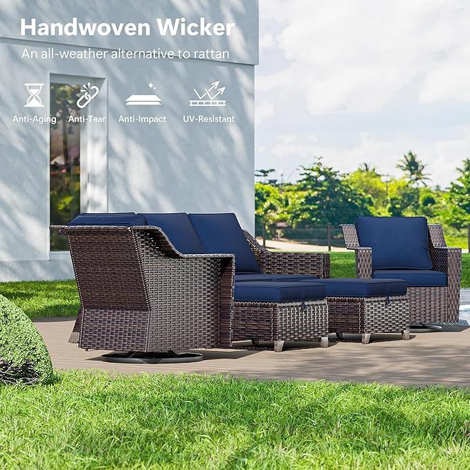 5 Pieces Wicker Patio Furniture, Luxury Outdoor Furniture with 2 Patio Swivel Chair, 2 Patio Ottoman and 1 Side Table, Wide Armrest, Thickened Cushions, Ideal for Deck, Porch Use