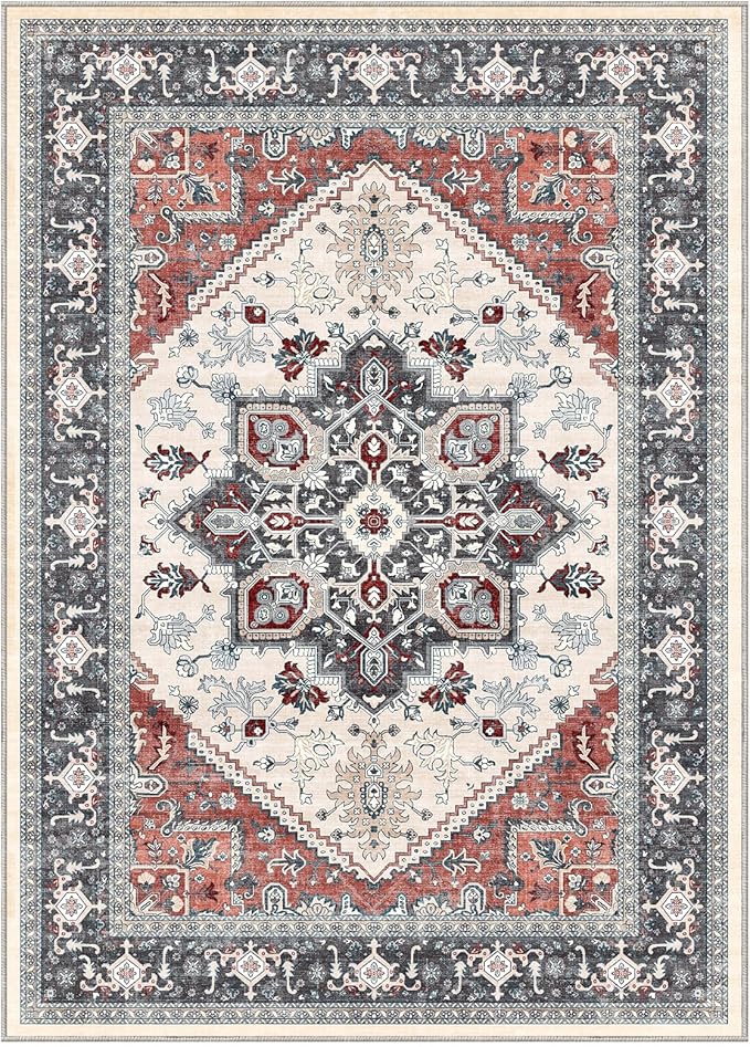 OPPODREAM Thin 10x14 Area Rugs, Washable Rugs 10x14 with Non Slip Backing, Low-Pile Faux Cashmere 10 x 14 Carpet, Black & Red