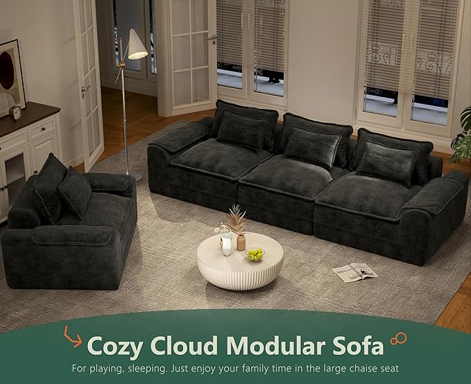 Hobestluk 120" Cloud Sectional Couch 3-Seater Sofa with Deep Seat Modular Sofa with Removable Cover Large Sofa Couch for Living Room (Dark Grey, 3-Seater Sofa)