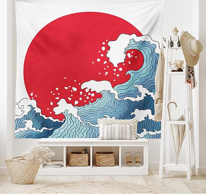 Ambesonne Japanese Wave Tapestry, Big Red Sun Setting Scenery Tropical Nautical Tsunami Swirls, Fabric Wall Hanging Decor for Bedroom Living Room Dorm, 30" X 45", Red Blue White