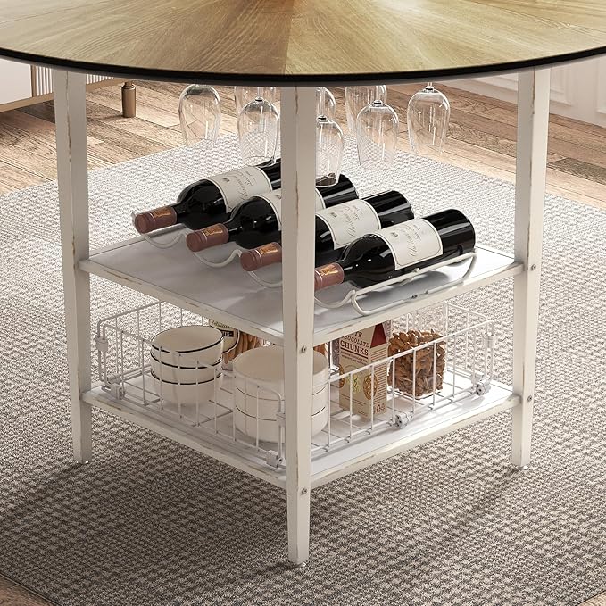 VFK 47 Inch Round Dining Table Set, Modern Wood Dining Table with Double Storage Rack, 2 Person Dining Table and Chair Set for Kitchen, Dining Room, Living Room