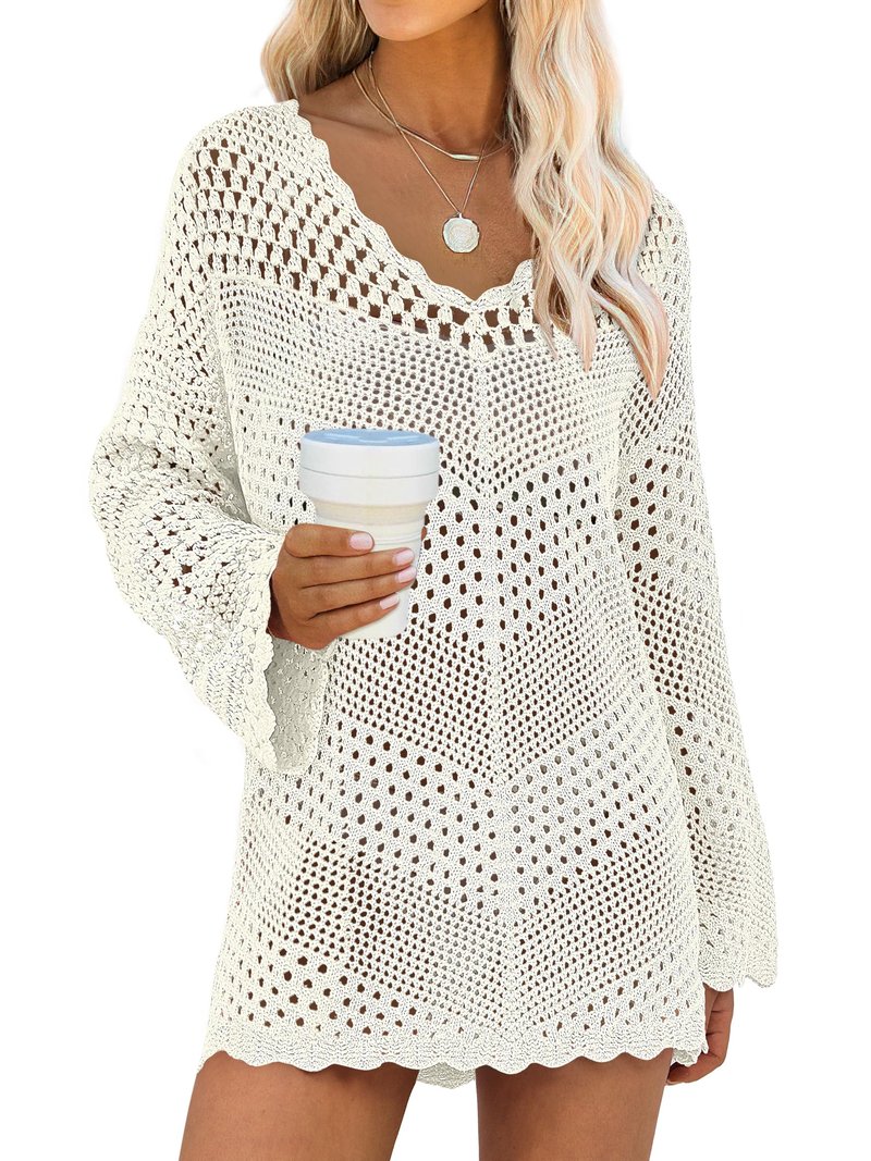 ANRABESS Swimsuit Cover Up for Women Crochet Bathing Suit Summer Swimwear V Neck Mesh Knit Dress 2026 Beach Vacation Clothes Medium Cream White