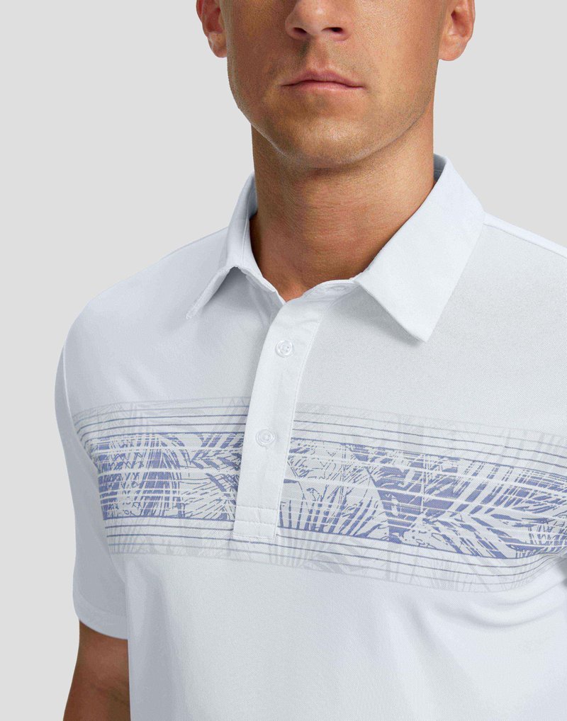Men's Golf Shirts Dry Fit Moisture Wicking Performance Short Sleeve Collared Polo Shirts for Casual Tennis Bussiness (White Leaves, XXXL)