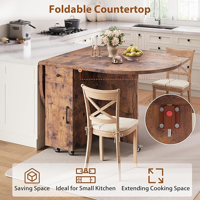 Folding Dining Table for 4 Kitchen Dining Room DinnerTable with Storage Drawer Space Saving Oval Foldable Drop Leaf Gateleg Furniture for Small Space (Vintage, 47 * 23.6 * 30)
