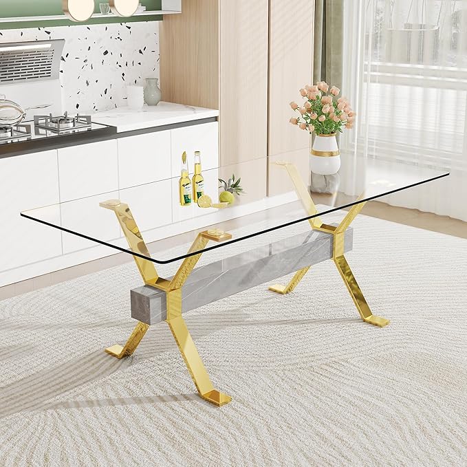 79" Glass Dining Table, Modern Kitchen Table, Modern Dining Table for 8, 0.5" Thick Tempered Glass Tabletop with Gold Chrome Metal Legs and Grey Crossbar, Ideal for Dining Room, Kitchen