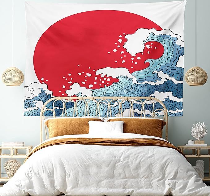 Ambesonne Japanese Wave Tapestry King Size, Big Red Sun Setting Scenery Tropical Nautical Tsunami Swirls, Wall Hanging Bedspread Bed Cover Wall Decor, King Size, Red Blue White