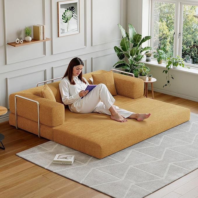 98.4''Convertible Sleeper Sofa Bed,Compressed Floor Boneless Couch,Modular Modern Corduroy Sofa for Living Room Bedroom -with Fixed-Shape Frame and Support Armrest,Easy Assembly(Yellow)