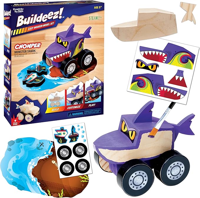 Creativity for Kids Buildeez! Easy Wooden Model Set: Monster Shark Truck, Chomper - Arts and Crafts for Kids, STEM Kids Building Kit, Monster Truck Toys for Boys (Ages 5+)