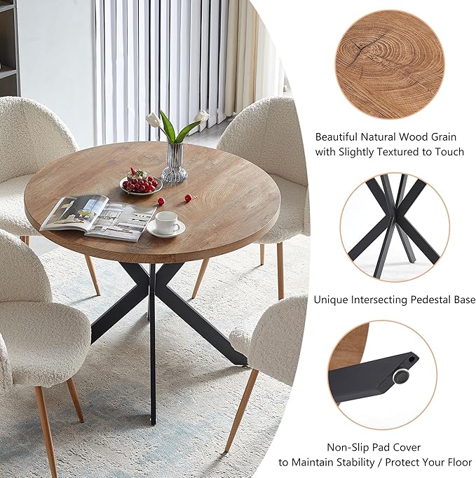 5 Pieces Dining Table Set for 4, 37-Inch Dia Round Home Kitchen Dinner Table with Thick Tabletop, 4 Seated Upholstered Arm Chairs, Faux Wood Round Table with Comfy Barrel Accent Chair